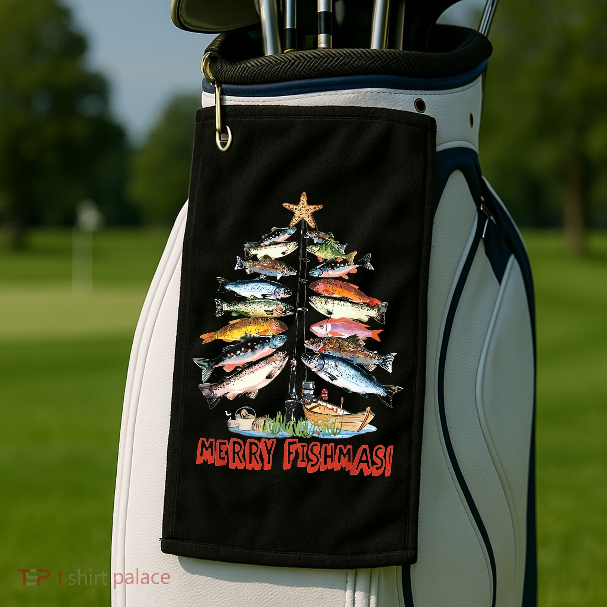 Merry Fishmas Christmas Tree Fish Funny Fishing Golf Towel