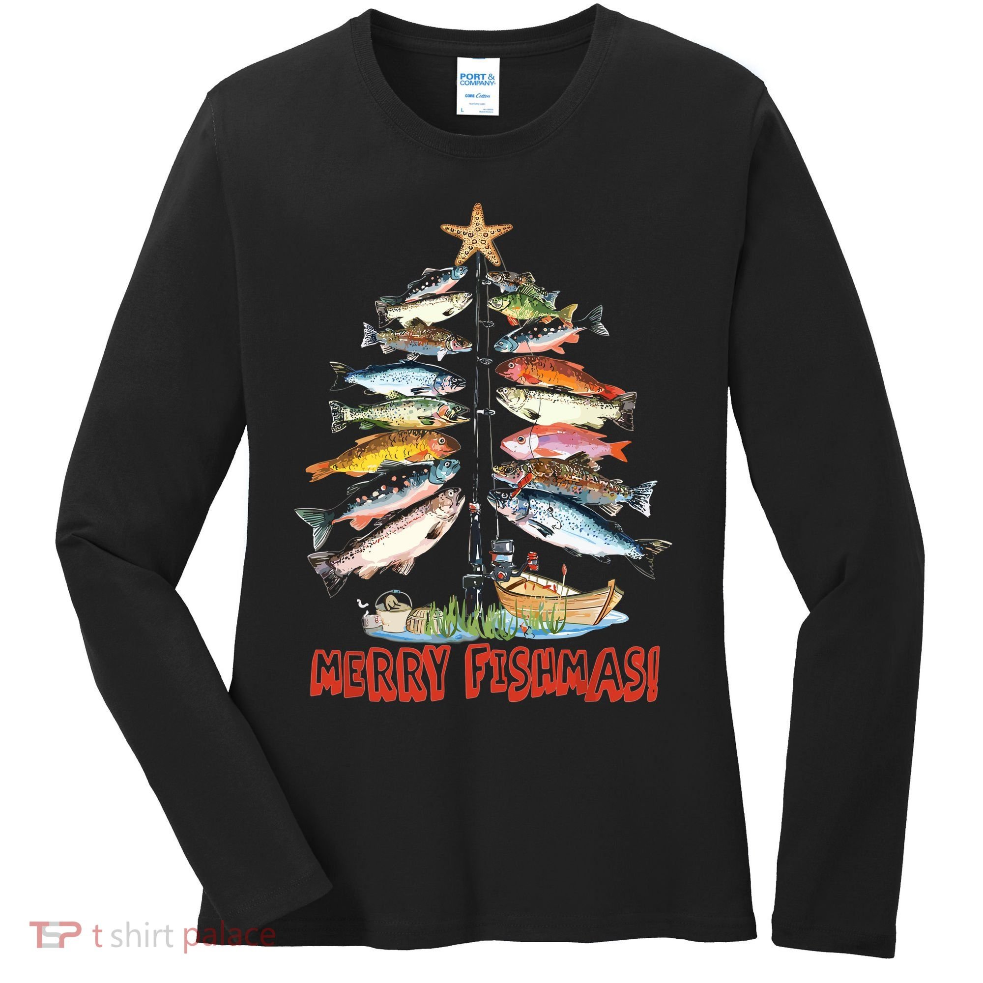 Merry Fishmas Christmas Tree Fish Funny Fishing Women's Long Sleeve Shirt