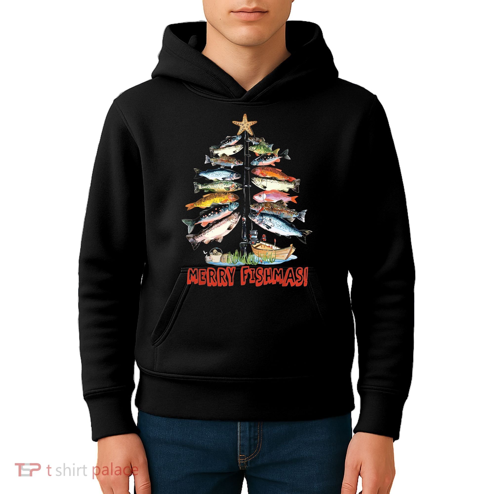 Merry Fishmas Christmas Tree Fish Funny Fishing Kids Hoodie