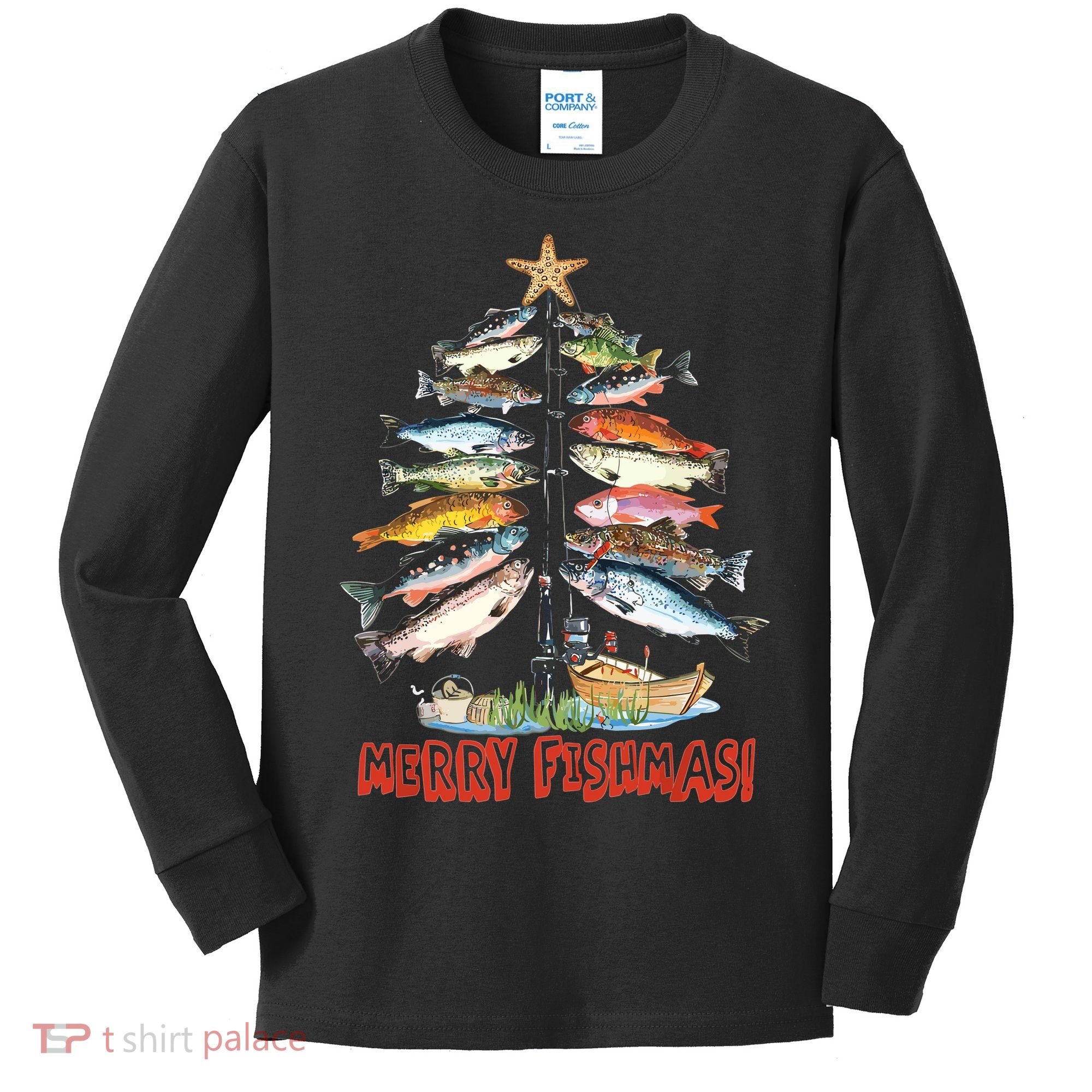 Merry Fishmas Christmas Tree Fish Funny Fishing Kids Long Sleeve Shirt