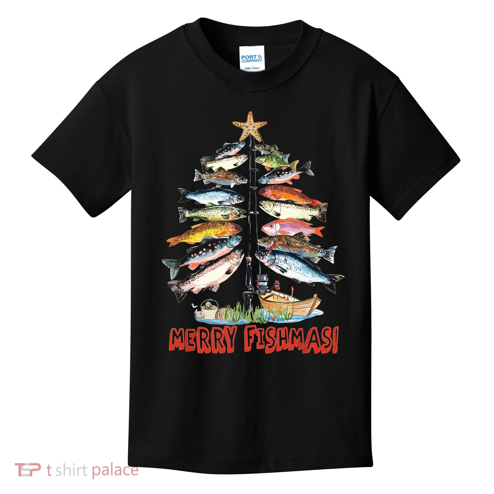 Merry Fishmas Christmas Tree Fish Funny Fishing Kids T-Shirt