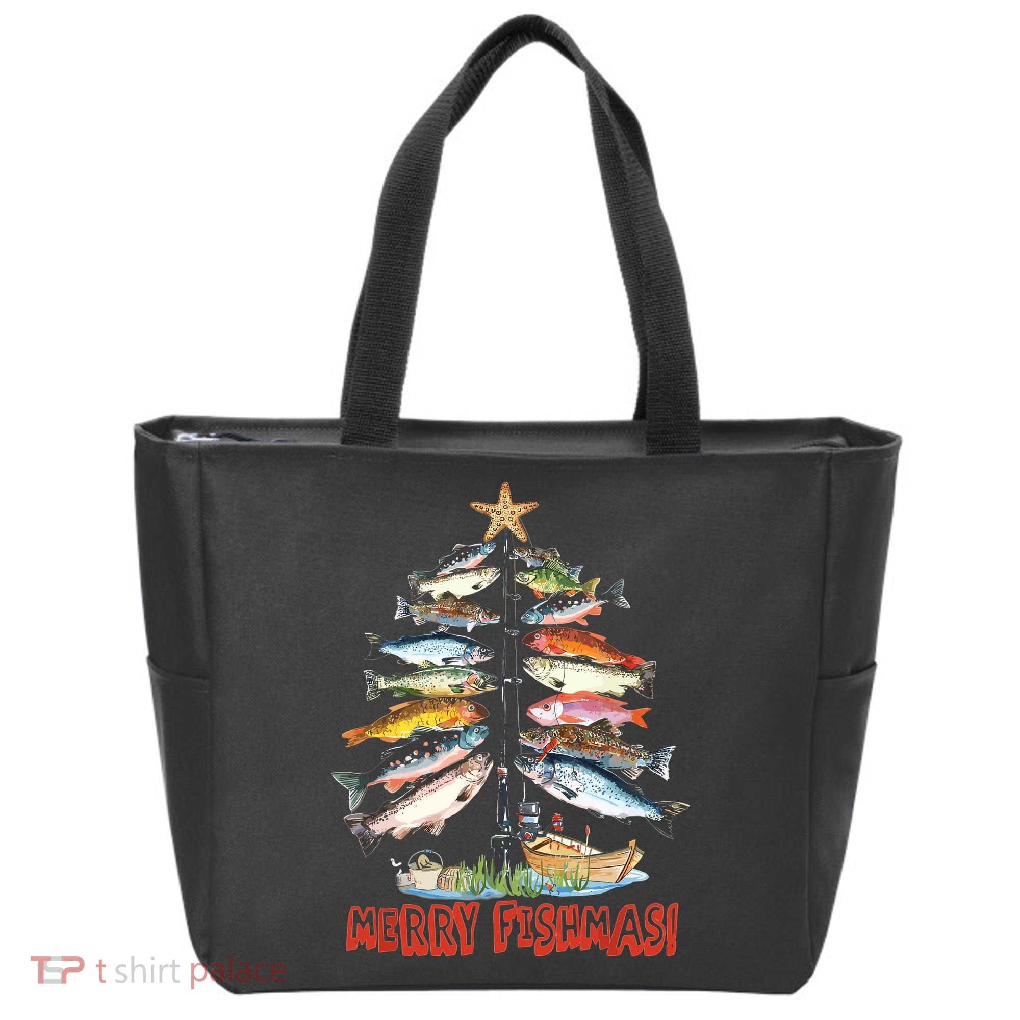 Merry Fishmas Christmas Tree Fish Funny Fishing Tote Bag