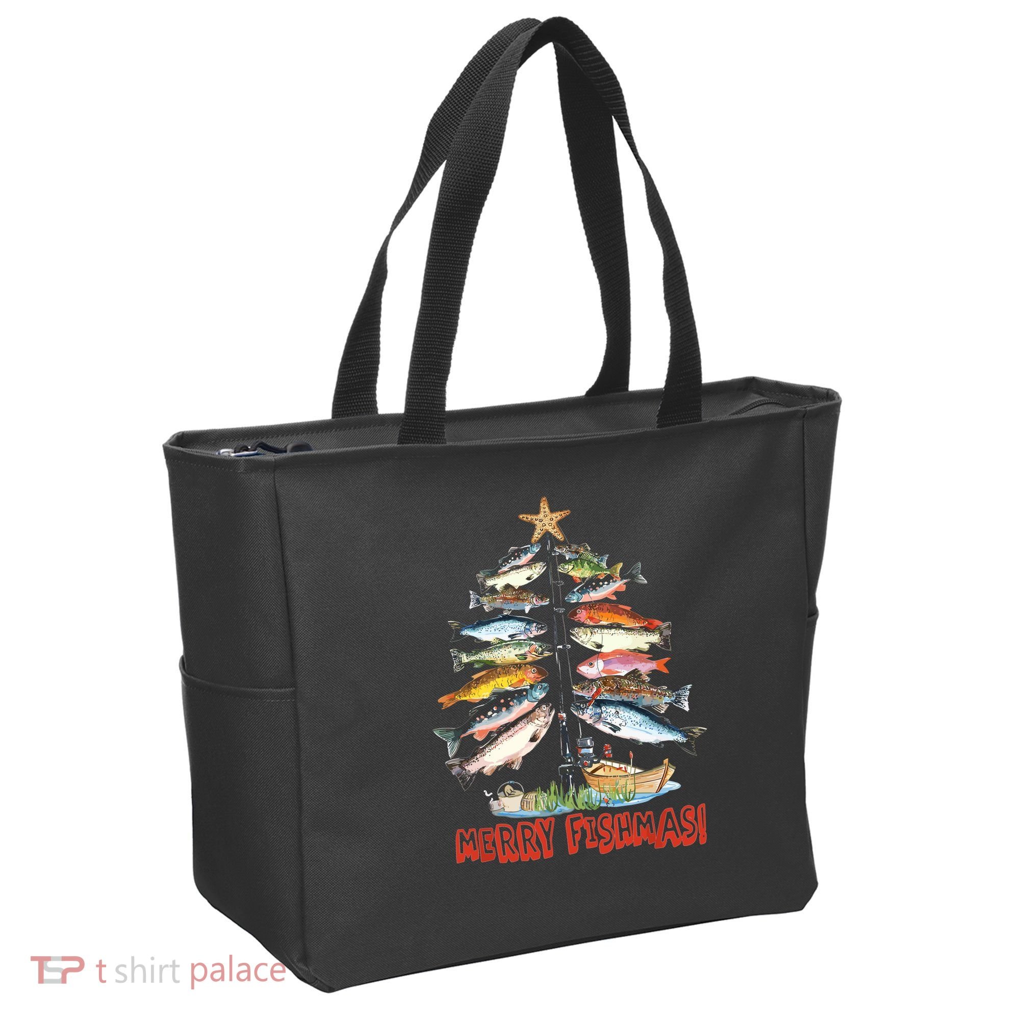Merry Fishmas Christmas Tree Fish Funny Fishing Tote Bag