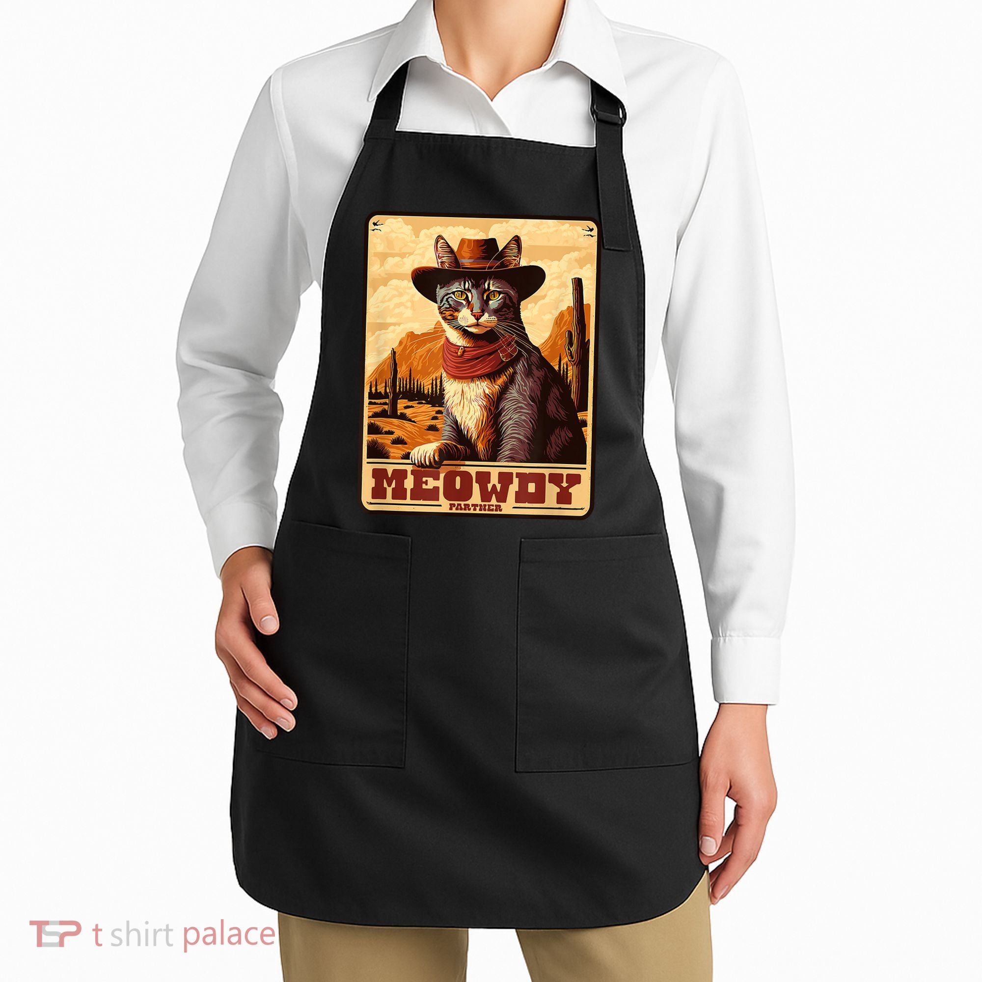 Meowdy! Funny Country Music Cat Cowboy Hat Wanted Poster Apron