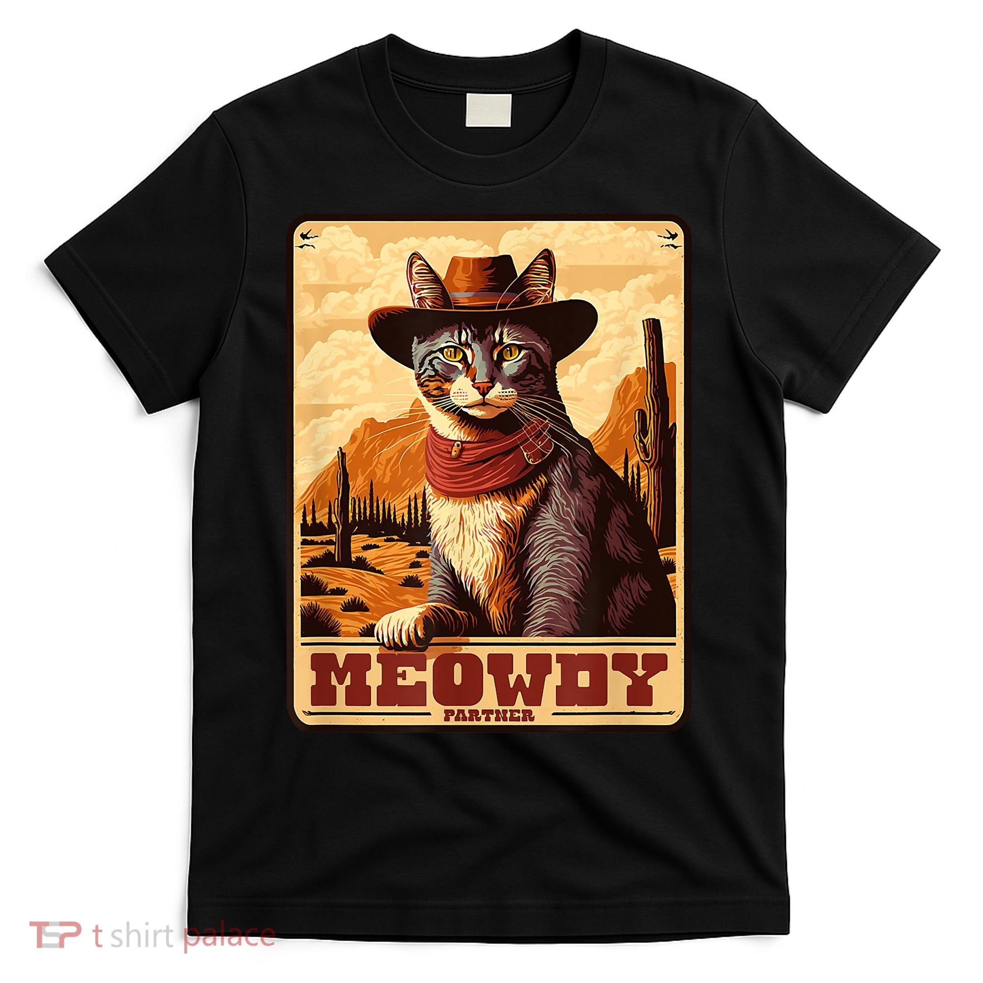 Meowdy! Funny Country Music Cat Cowboy Hat Wanted Poster T-Shirt