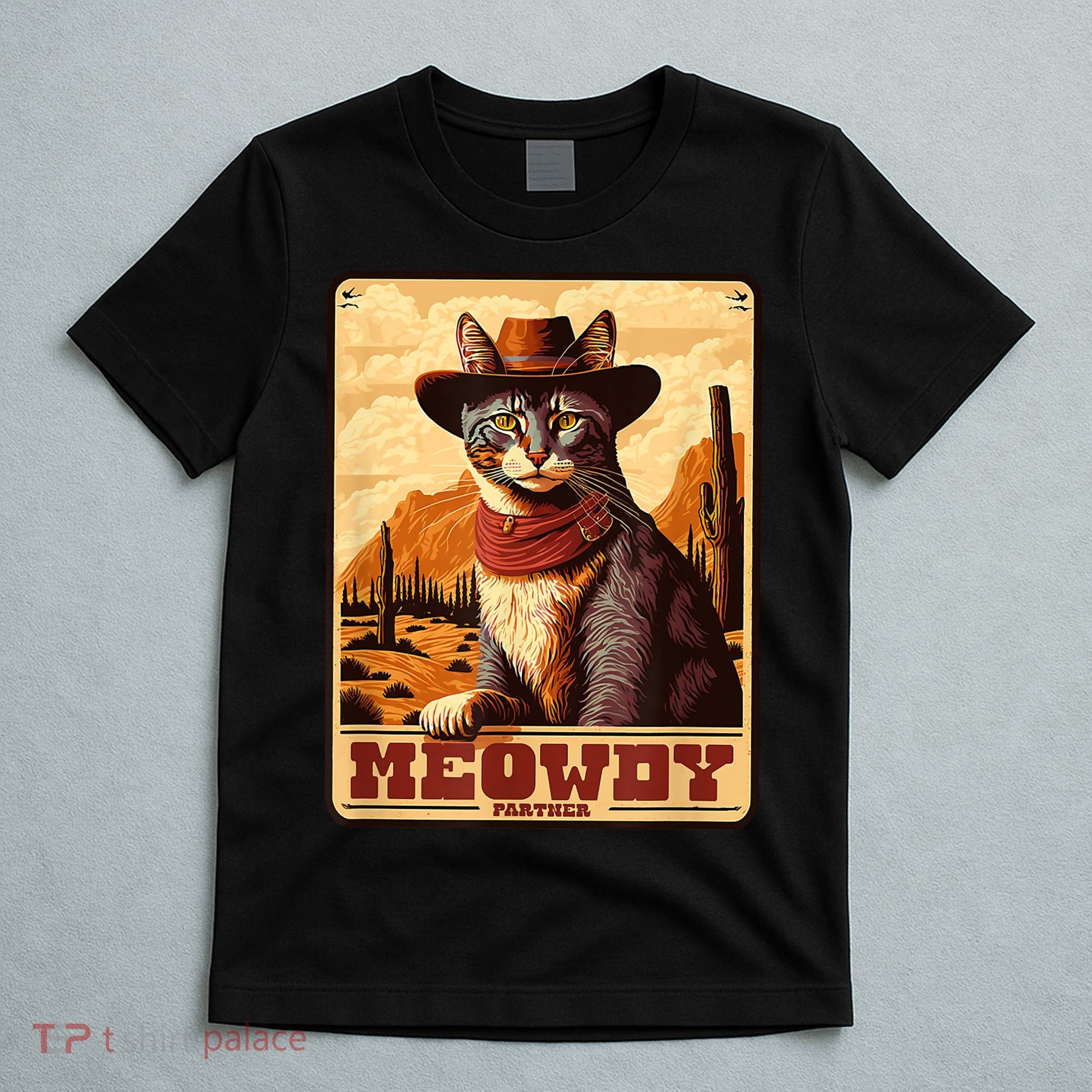 Meowdy! Funny Country Music Cat Cowboy Hat Wanted Poster T-Shirt