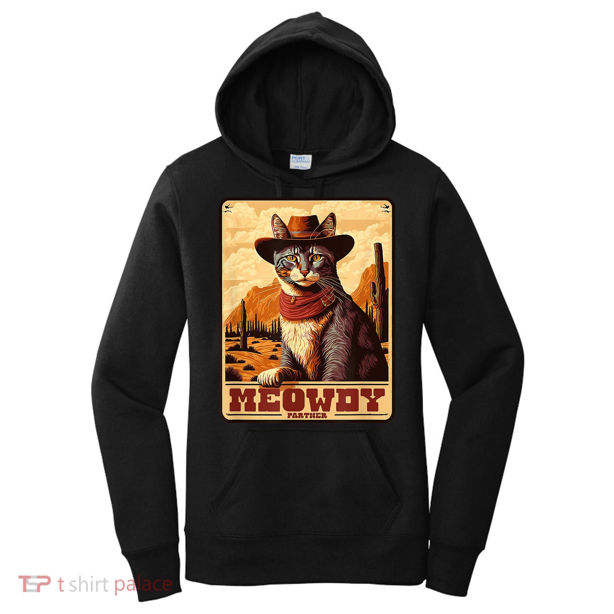 Meowdy! Funny Country Music Cat Cowboy Hat Wanted Poster Women's Hoodie