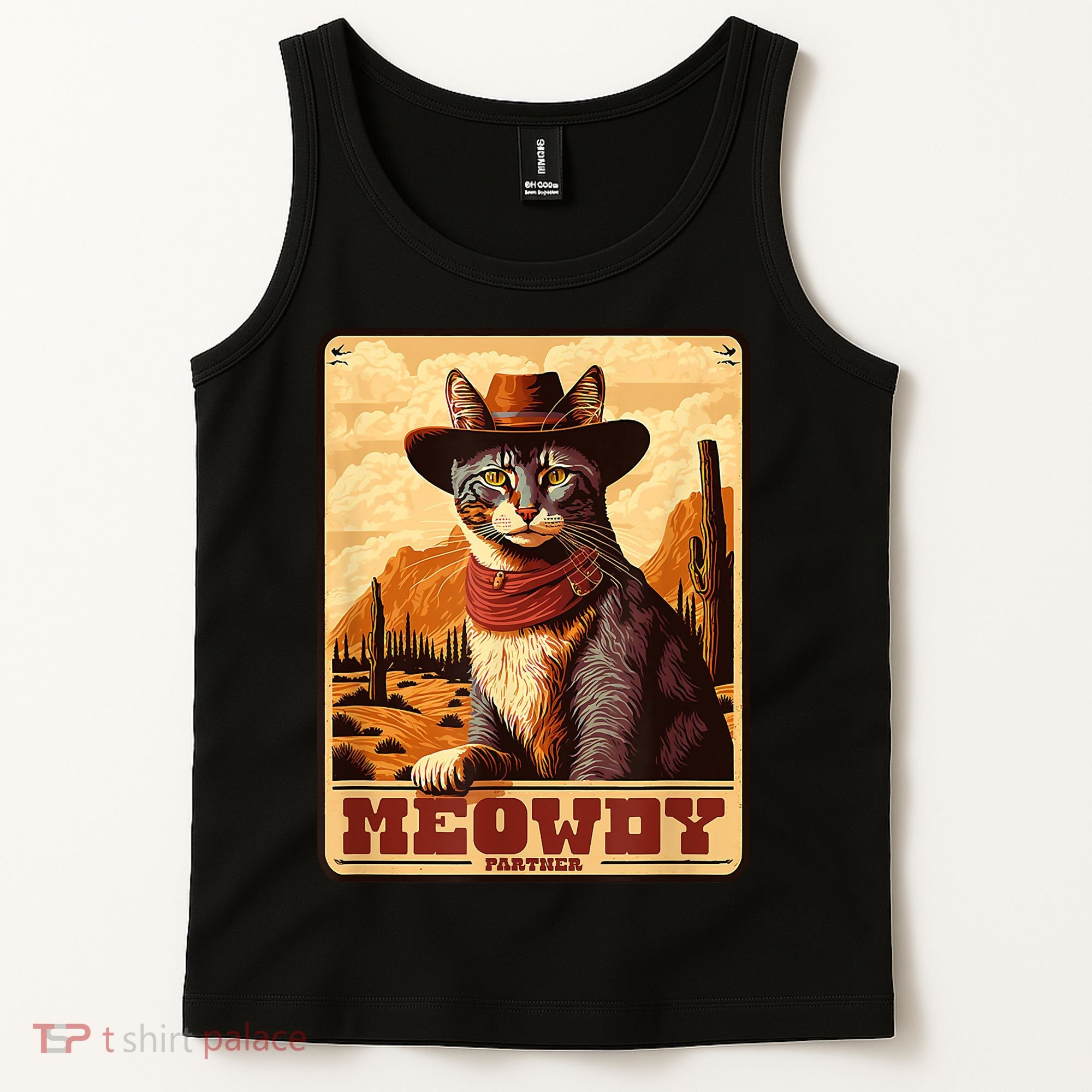 Meowdy! Funny Country Music Cat Cowboy Hat Wanted Poster Tank Top