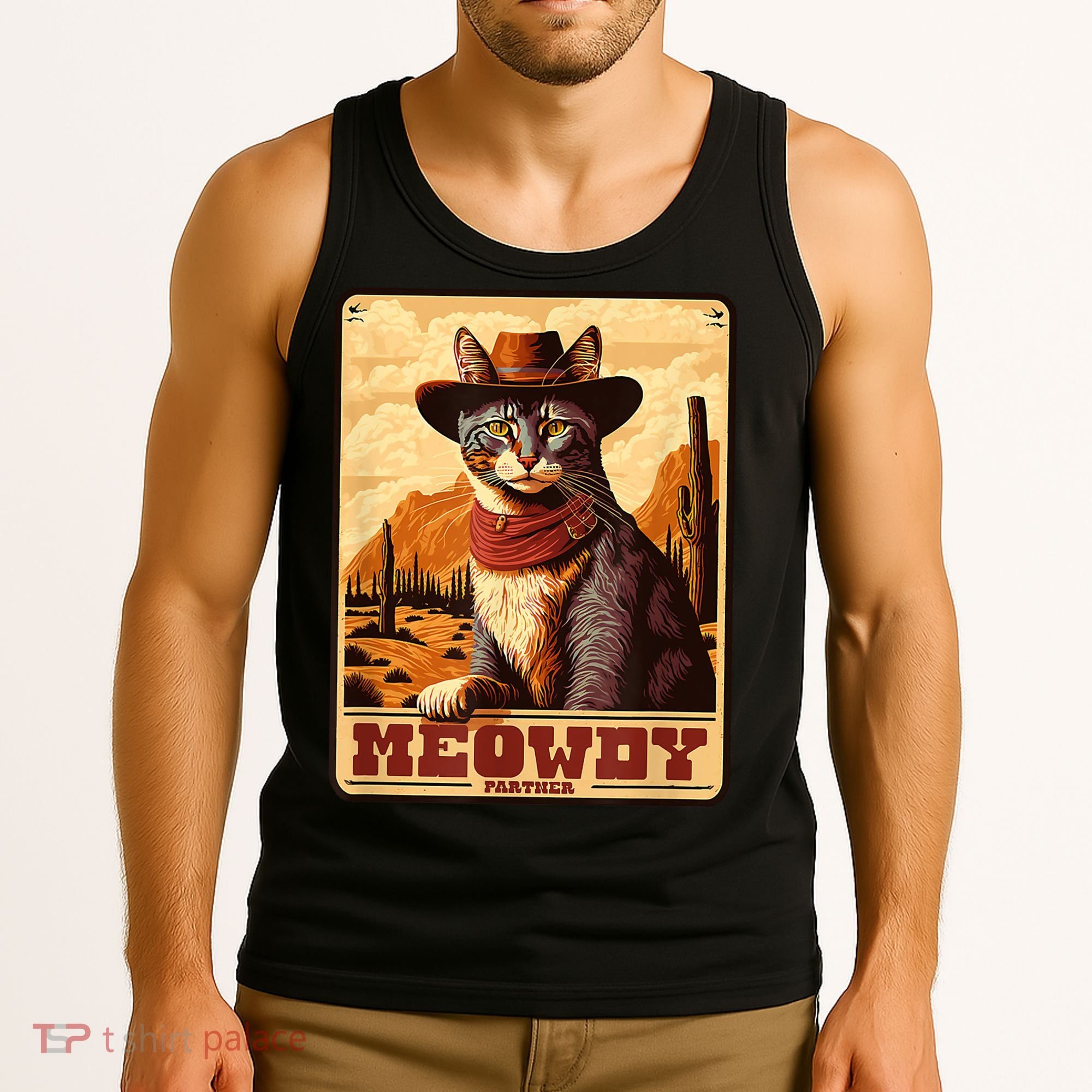 Meowdy! Funny Country Music Cat Cowboy Hat Wanted Poster Tank Top