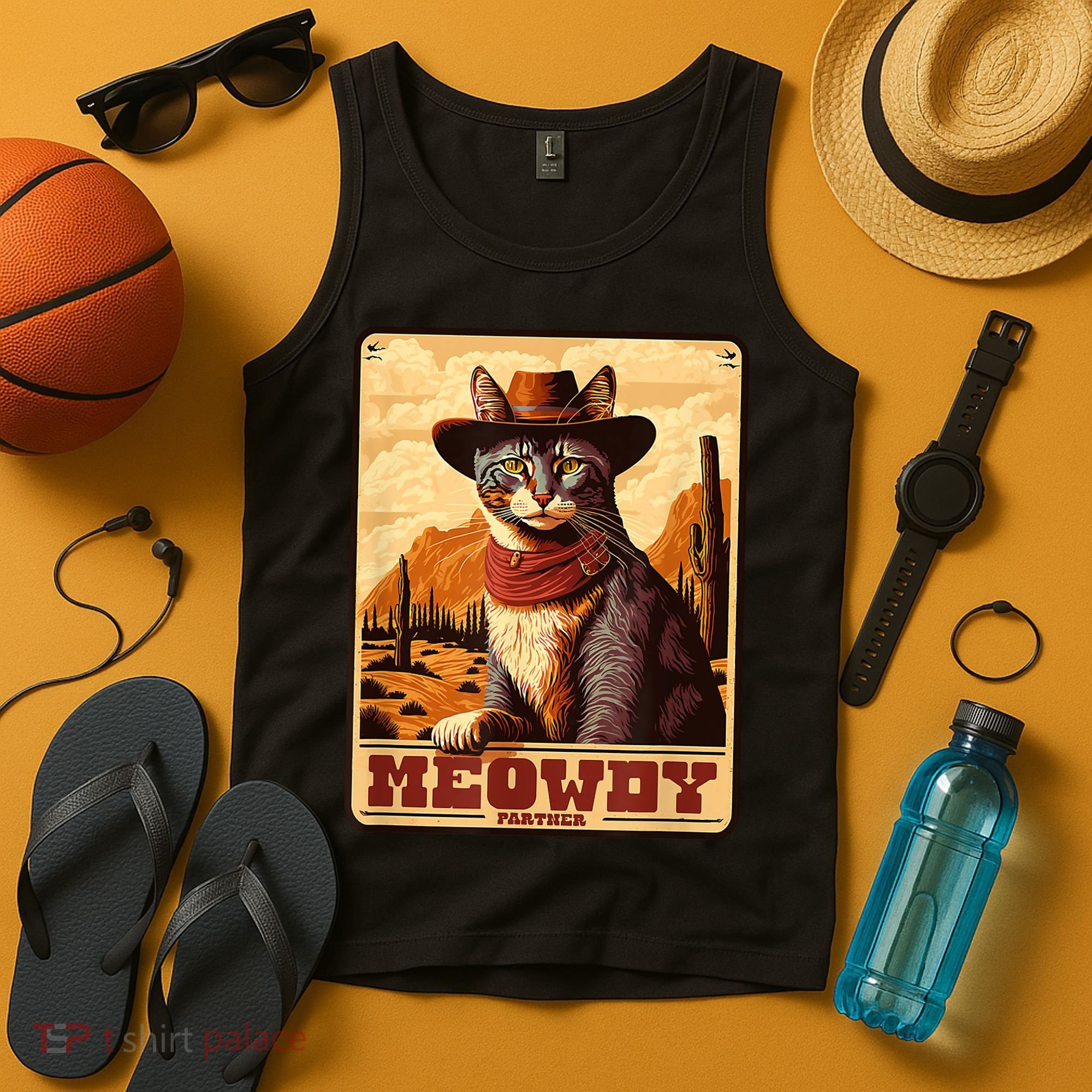Meowdy! Funny Country Music Cat Cowboy Hat Wanted Poster Tank Top