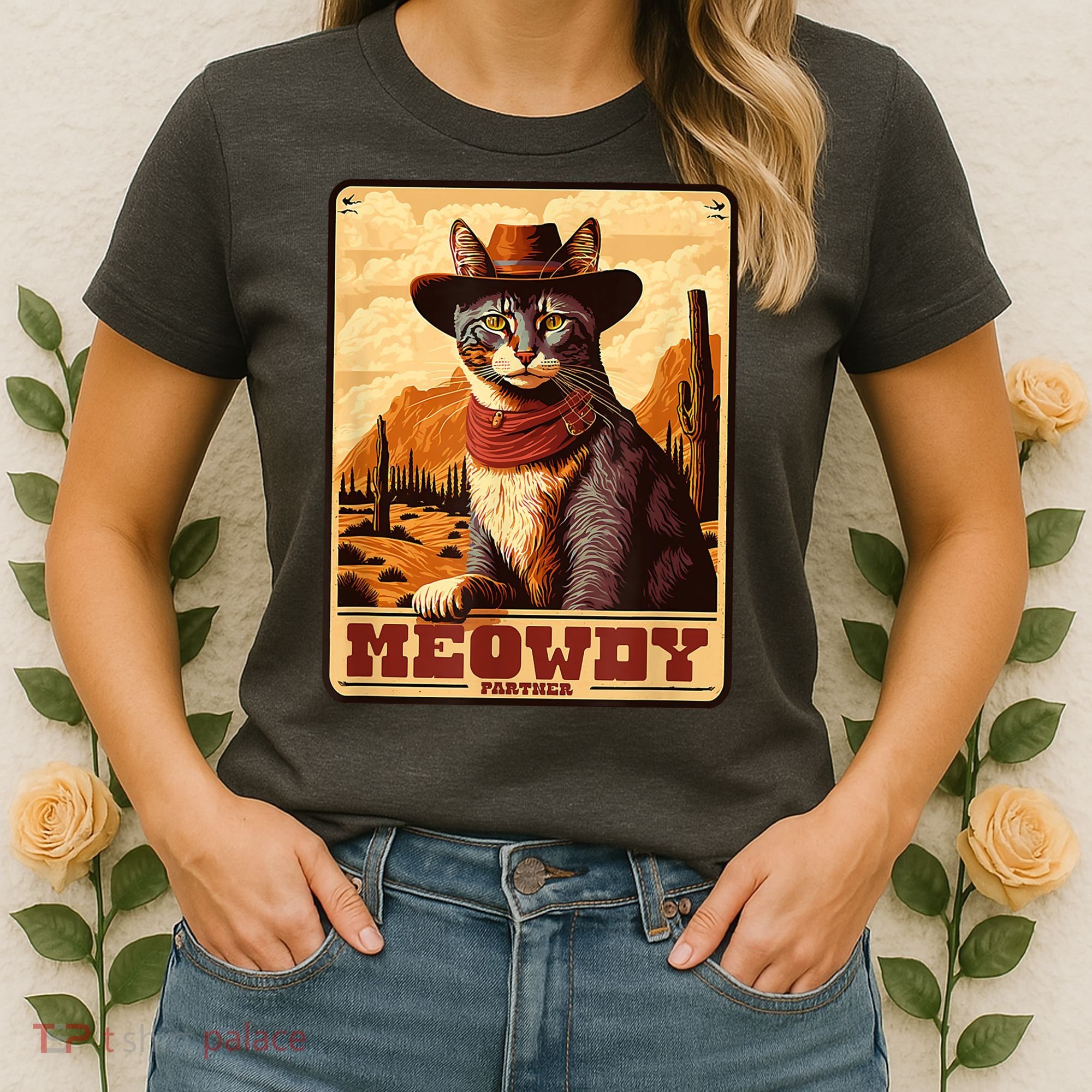 Meowdy! Funny Country Music Cat Cowboy Hat Wanted Poster Women's T-Shirt