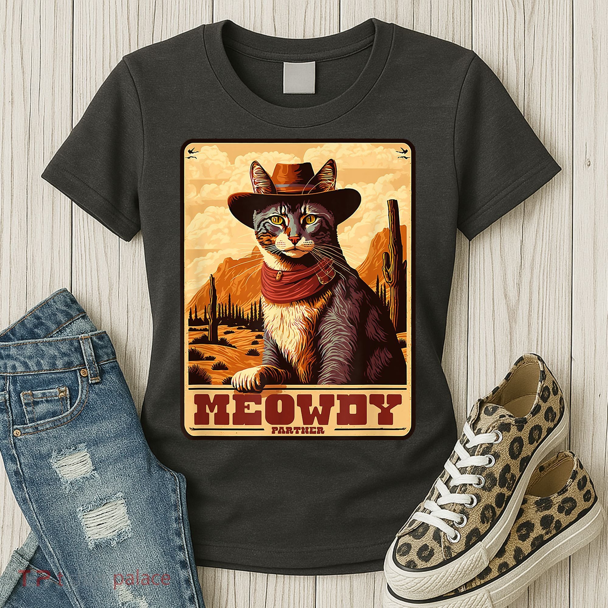 Meowdy! Funny Country Music Cat Cowboy Hat Wanted Poster Women's T-Shirt