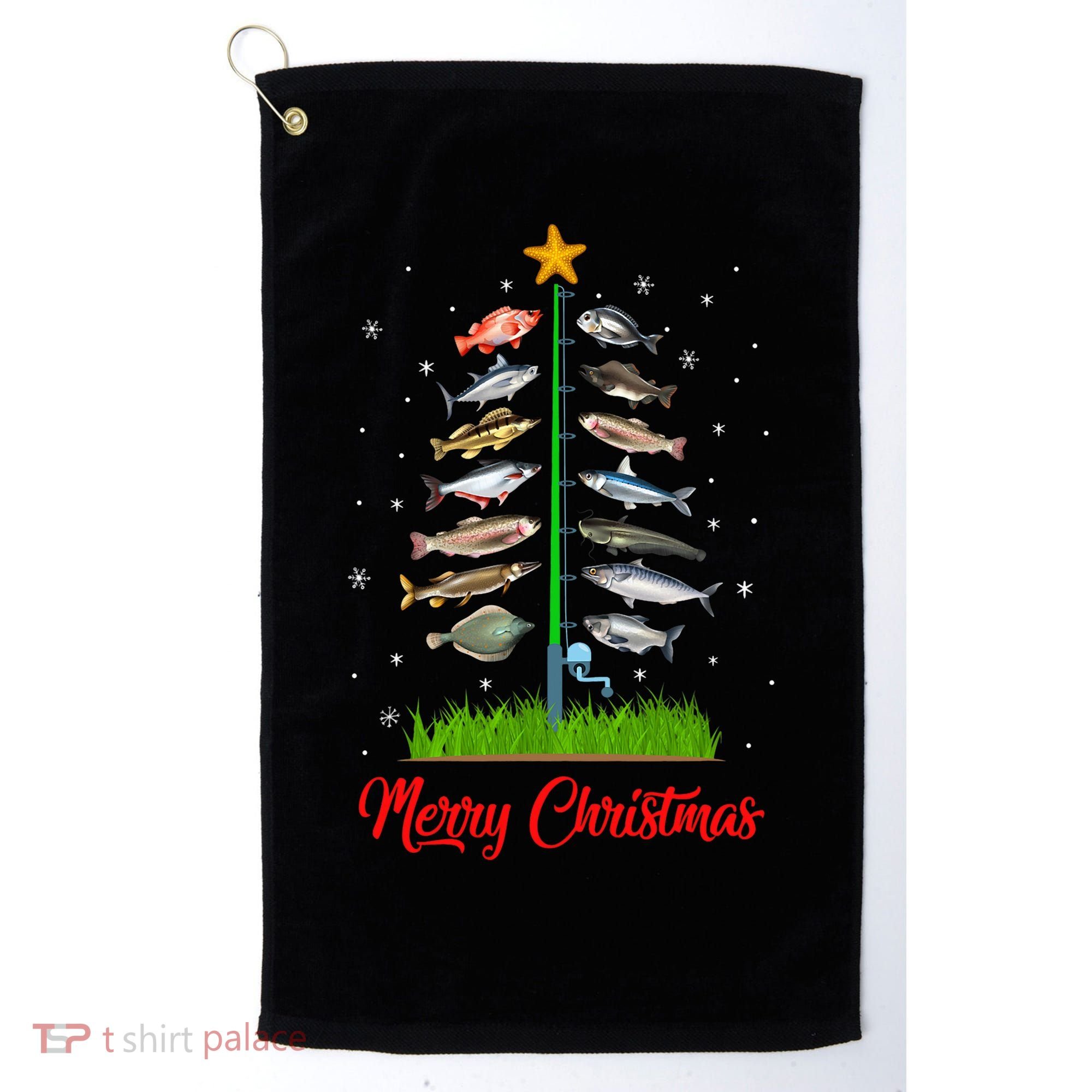 Merry Fishmas Christmas Tree Fish Fishing Golf Towel