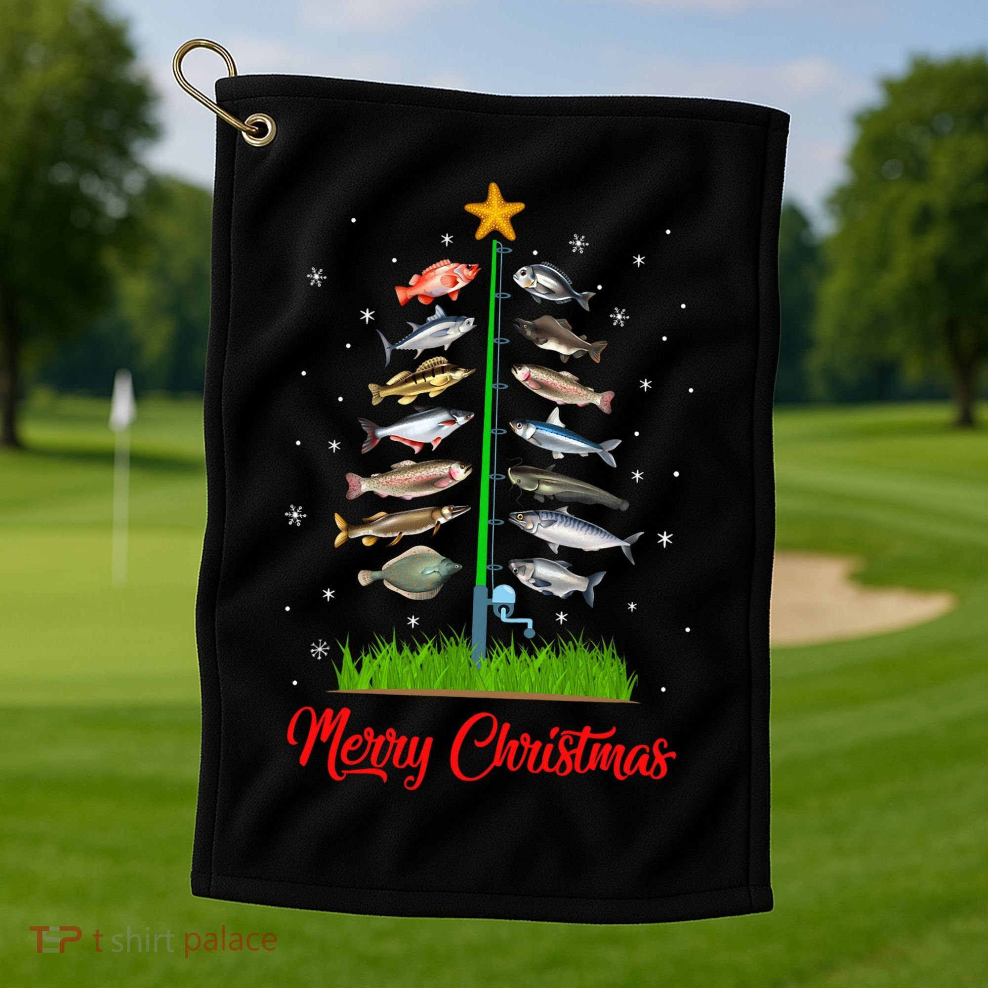 Merry Fishmas Christmas Tree Fish Fishing Golf Towel