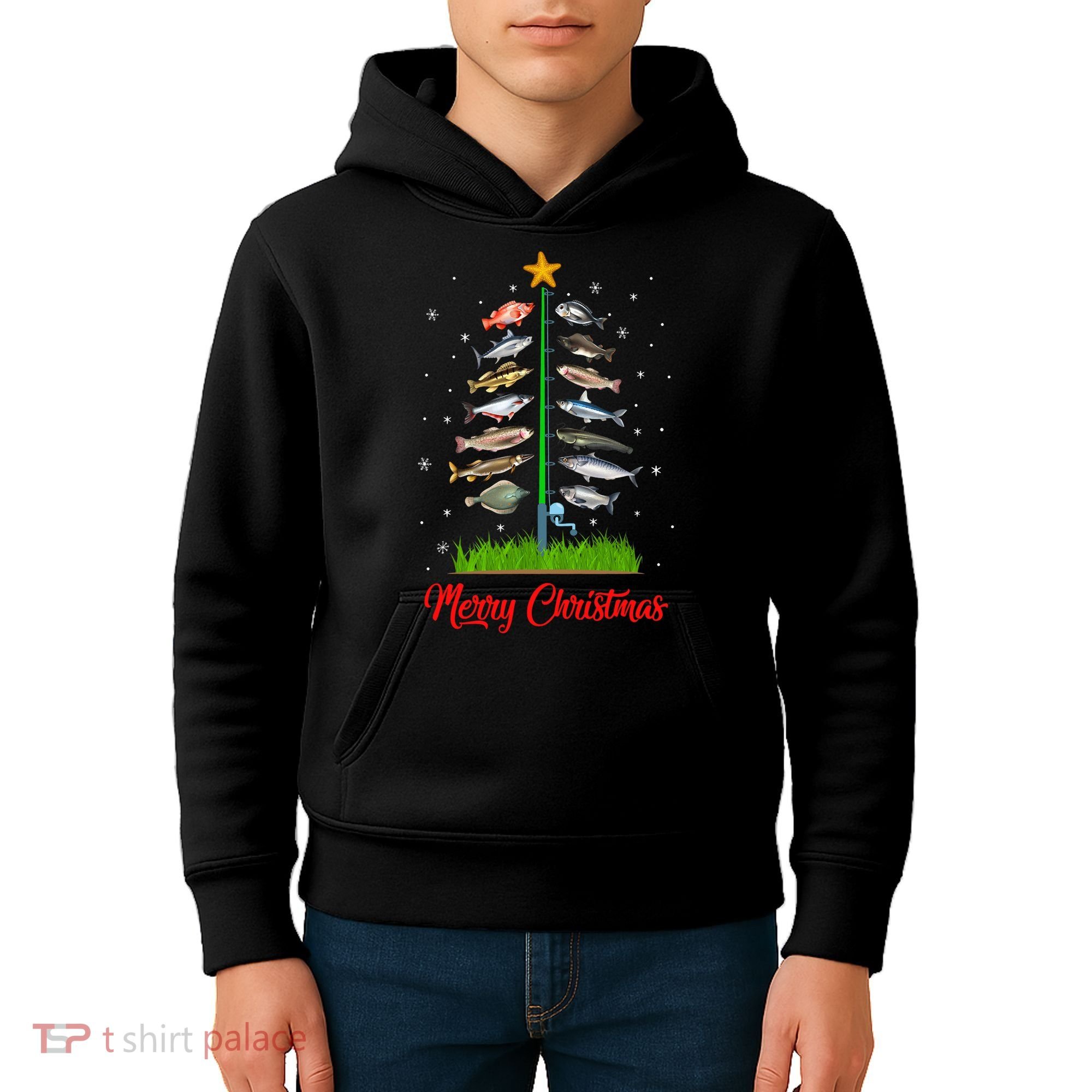 Merry Fishmas Christmas Tree Fish Fishing Kids Hoodie
