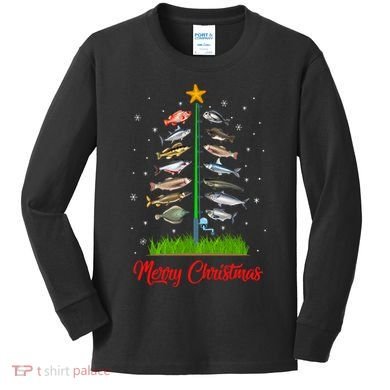 Merry Fishmas Christmas Tree Fish Fishing Kids Long Sleeve Shirt