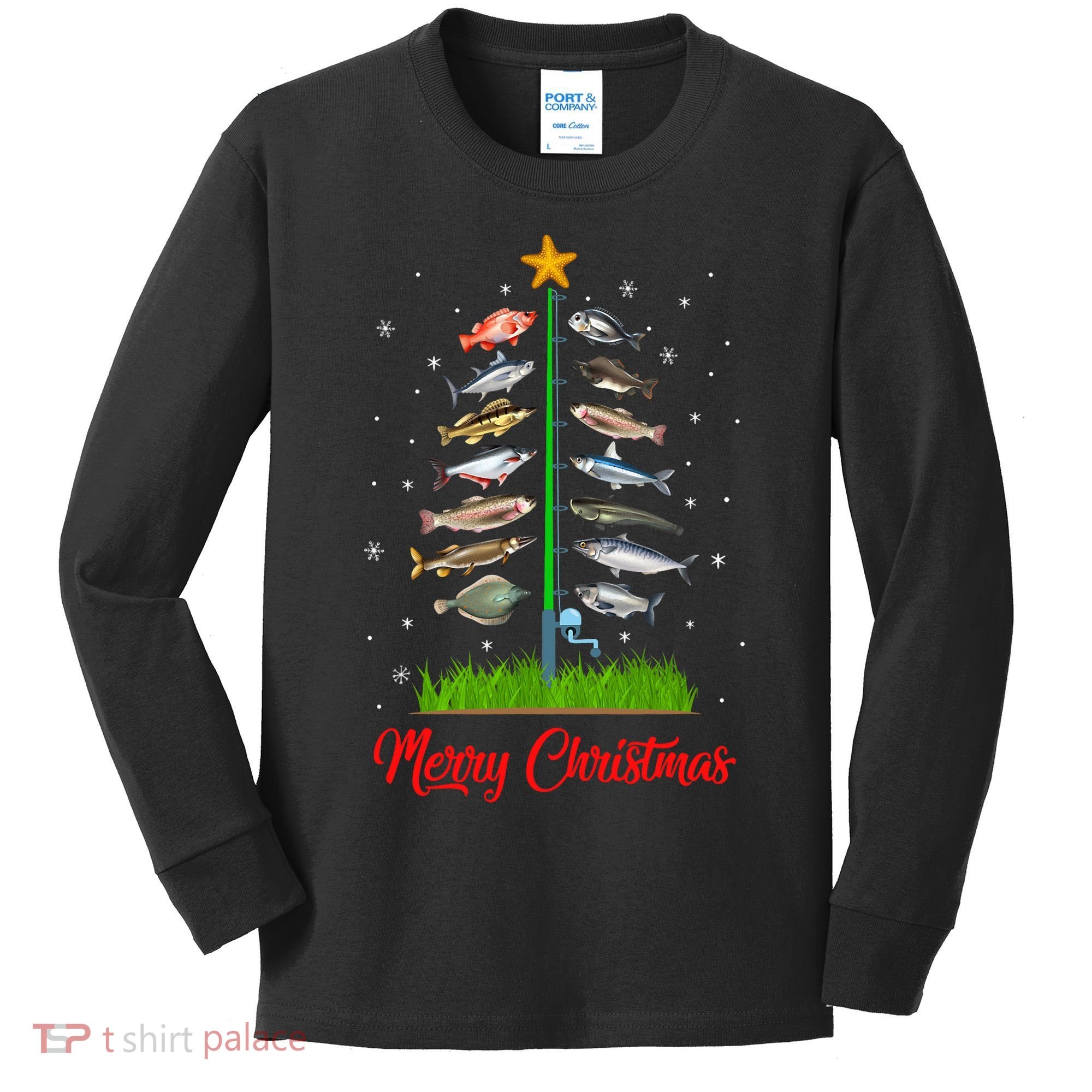 Merry Fishmas Christmas Tree Fish Fishing Kids Long Sleeve Shirt