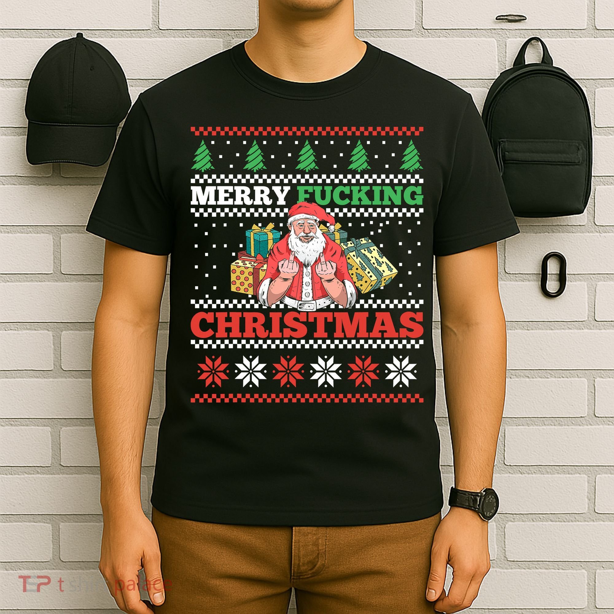 Merry Fucking Christmas Adult Humor Santa Pun Ugly Sweater T-Shirt