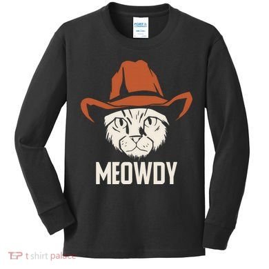 Meowdy Funny Cat Cowboy Kids Long Sleeve Shirt
