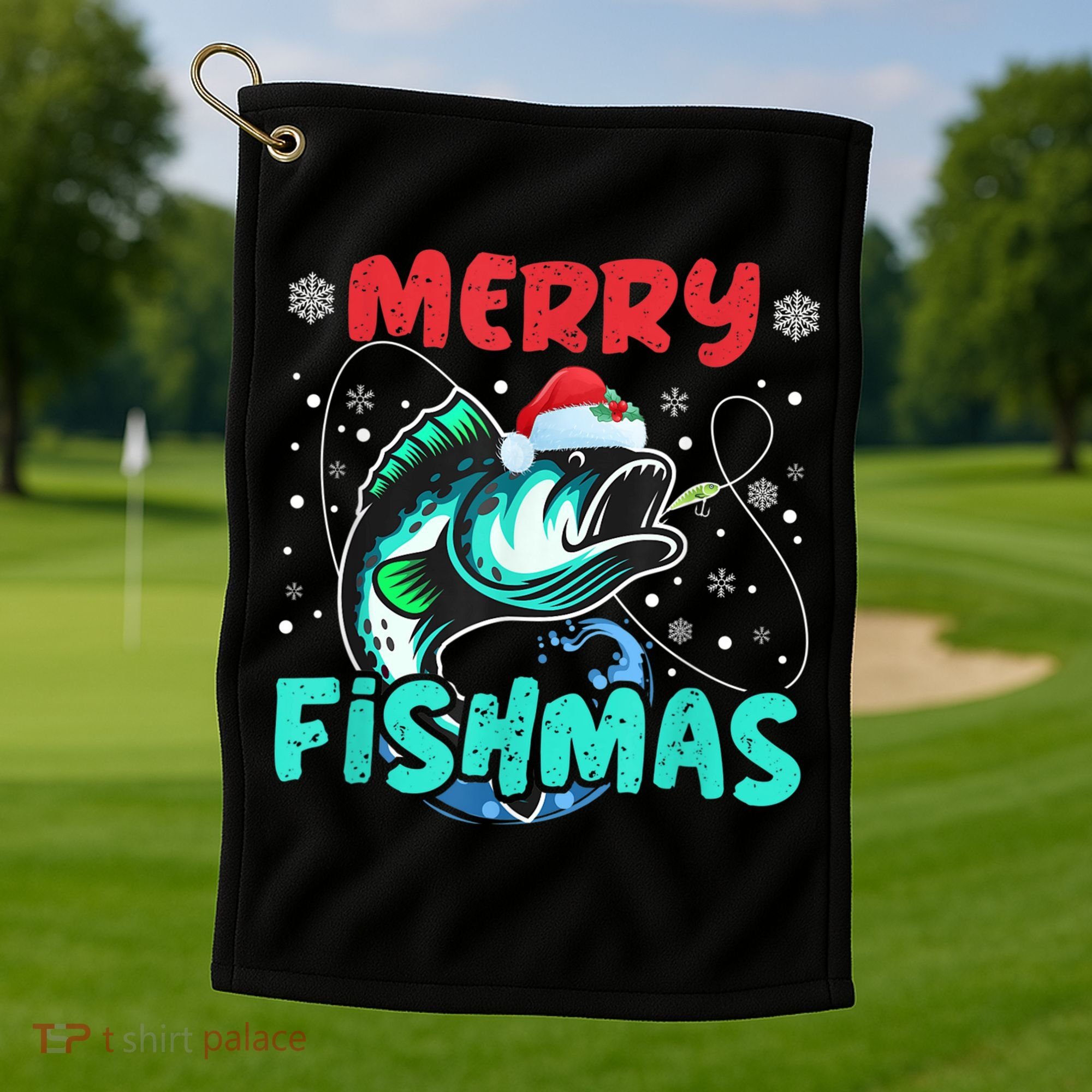 Merry Fishmas Funny Christmas Fishing Fish Gift Xmas Golf Towel