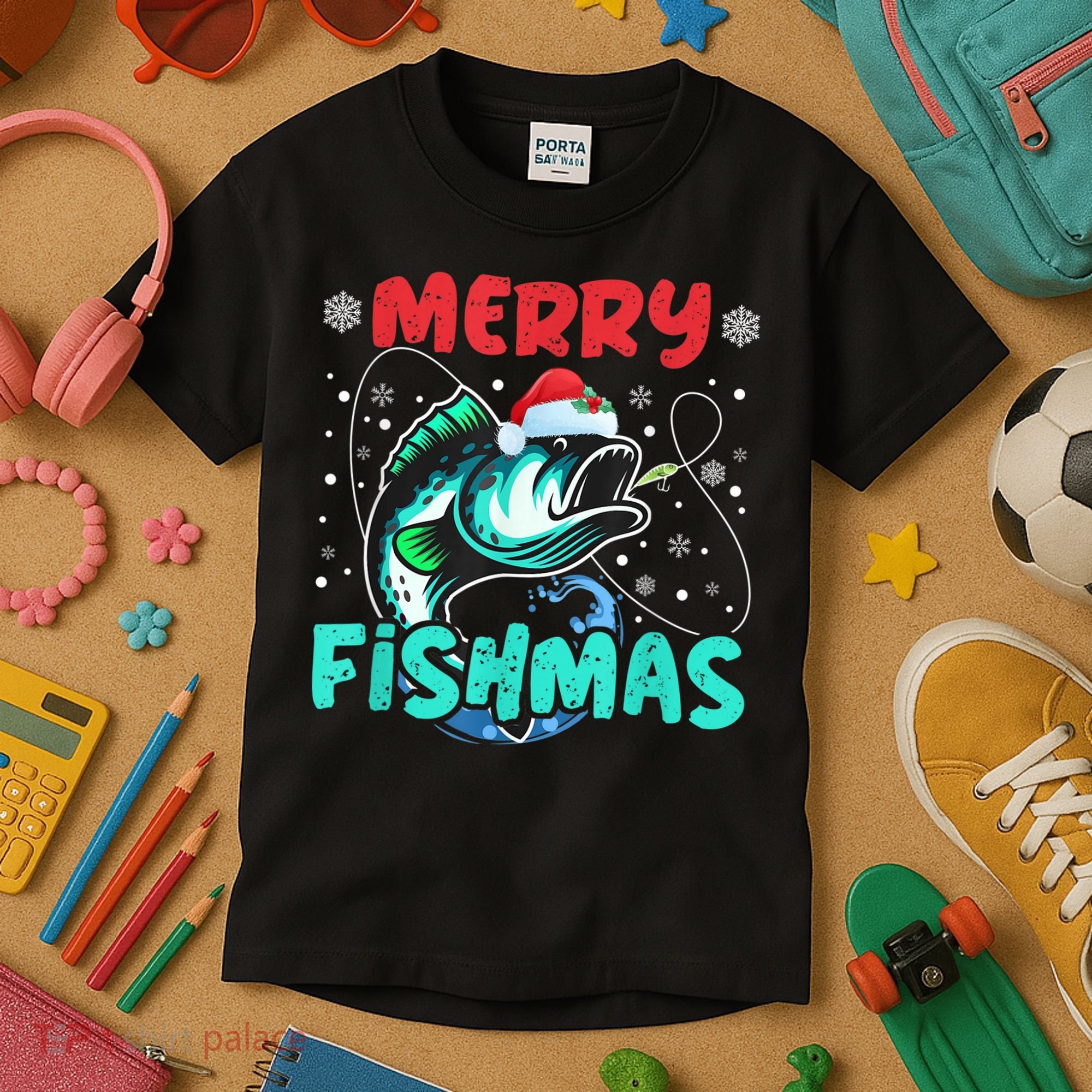 Merry Fishmas Funny Christmas Fishing Fish Gift Xmas Kids T-Shirt