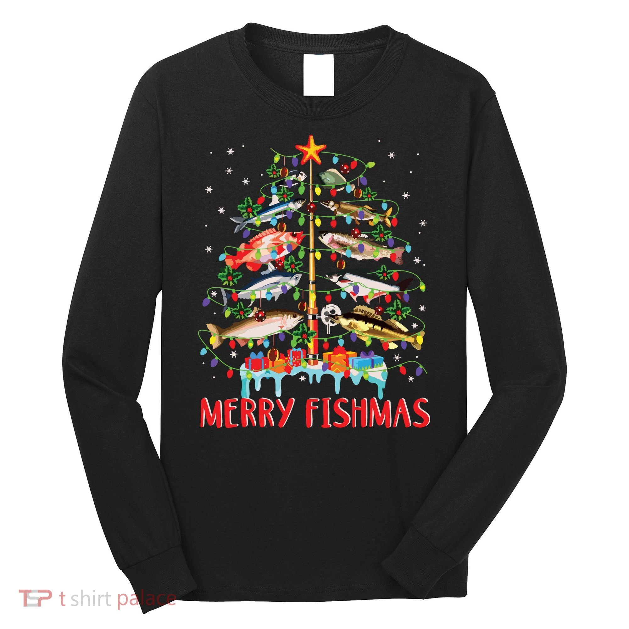 Merry Fishmas Funny Christmas Tree Lights Fish Fishing Rod Long Sleeve Shirt