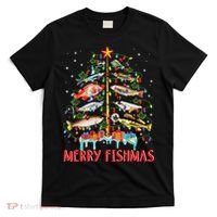 Merry Fishmas Funny Christmas Tree Lights Fish Fishing Rod T-Shirt thumb 0