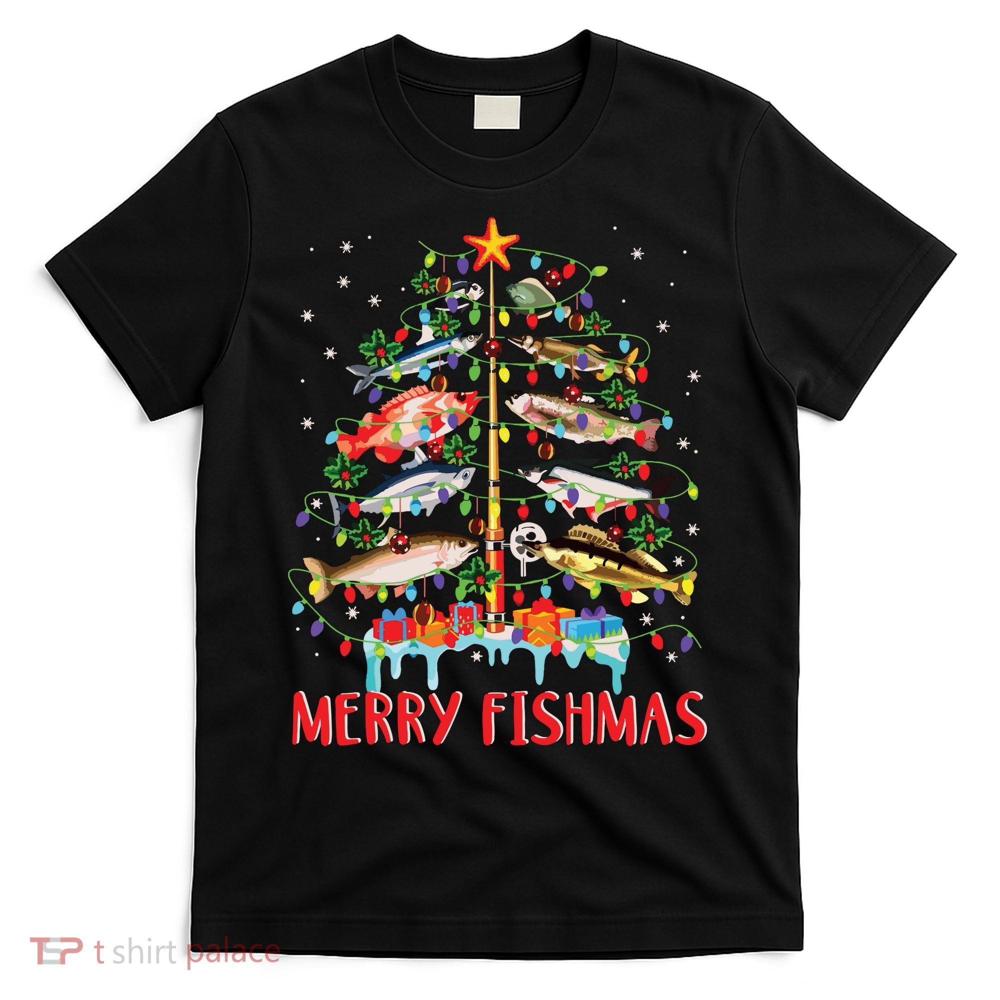 Merry Fishmas Funny Christmas Tree Lights Fish Fishing Rod T-Shirt
