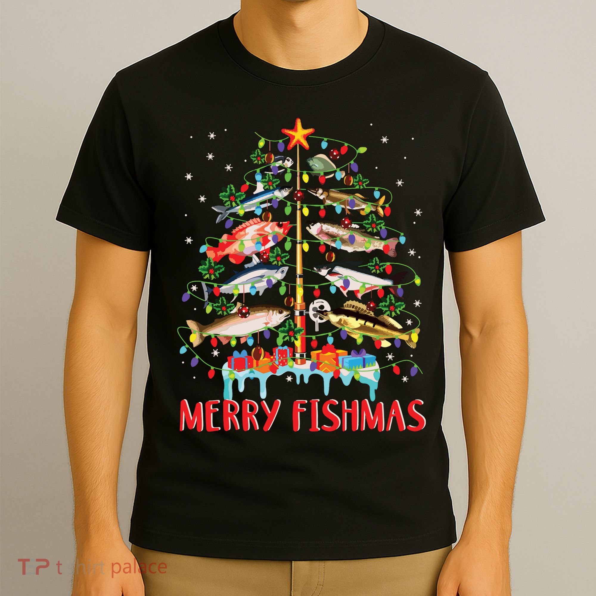 Merry Fishmas Funny Christmas Tree Lights Fish Fishing Rod T-Shirt