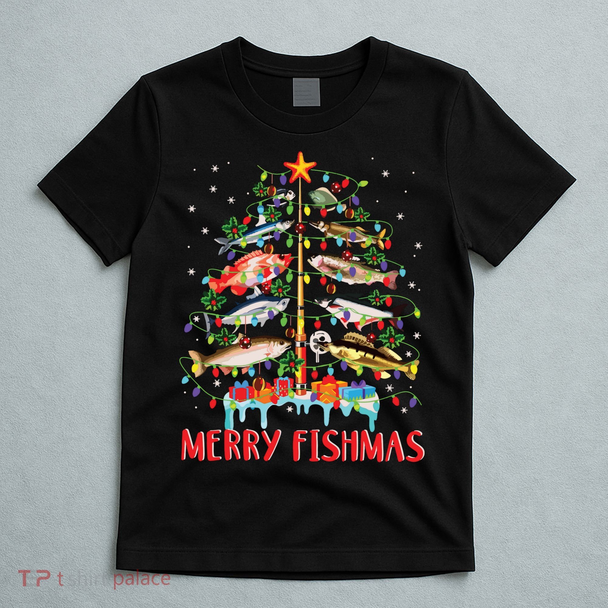 Merry Fishmas Funny Christmas Tree Lights Fish Fishing Rod T-Shirt