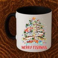 Merry Fishmas Funny Christmas Tree Lights Fish Fishing Rod Coffee Mug thumb 2