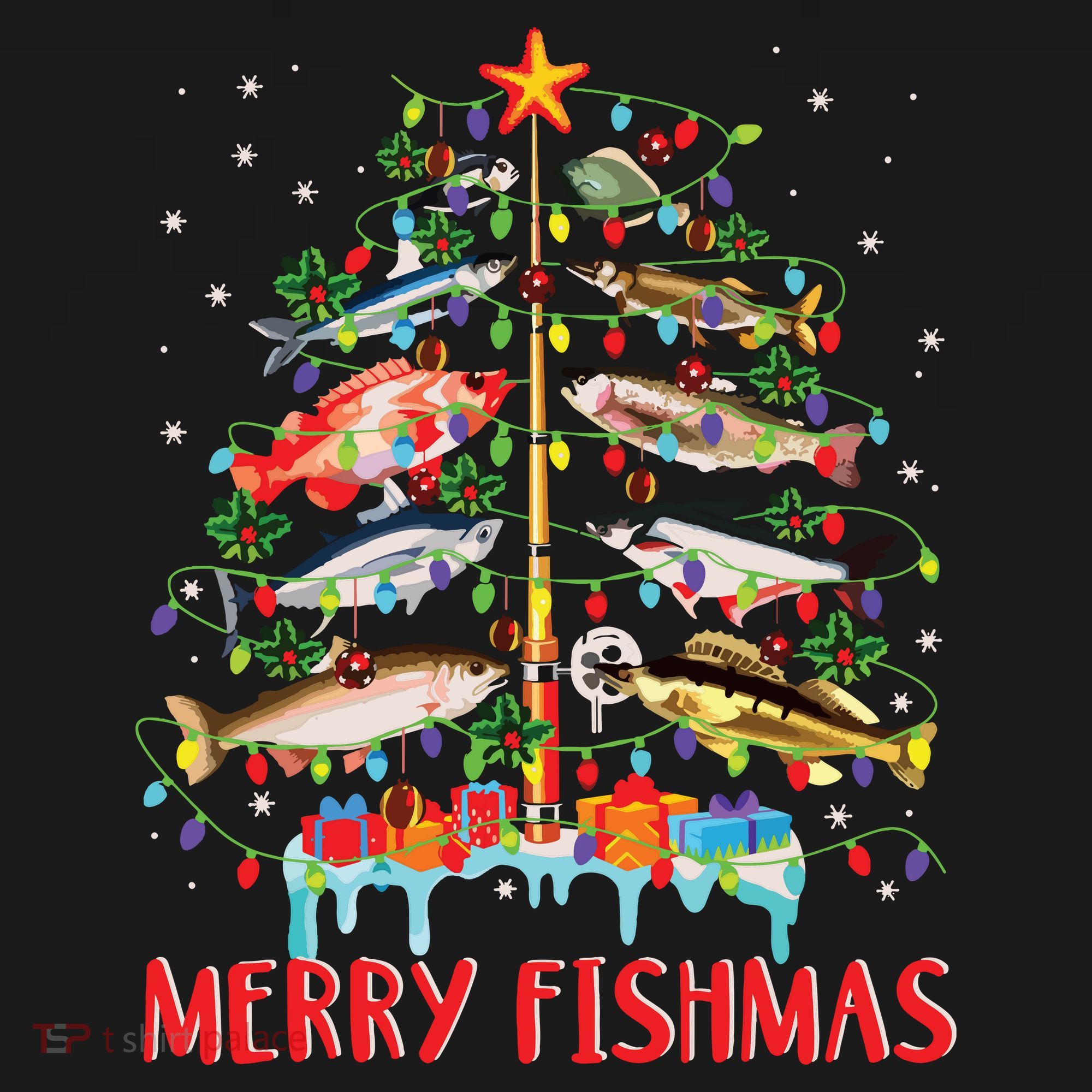Merry Fishmas Funny Christmas Tree Lights Fish Fishing Rod Women's Hoodie
