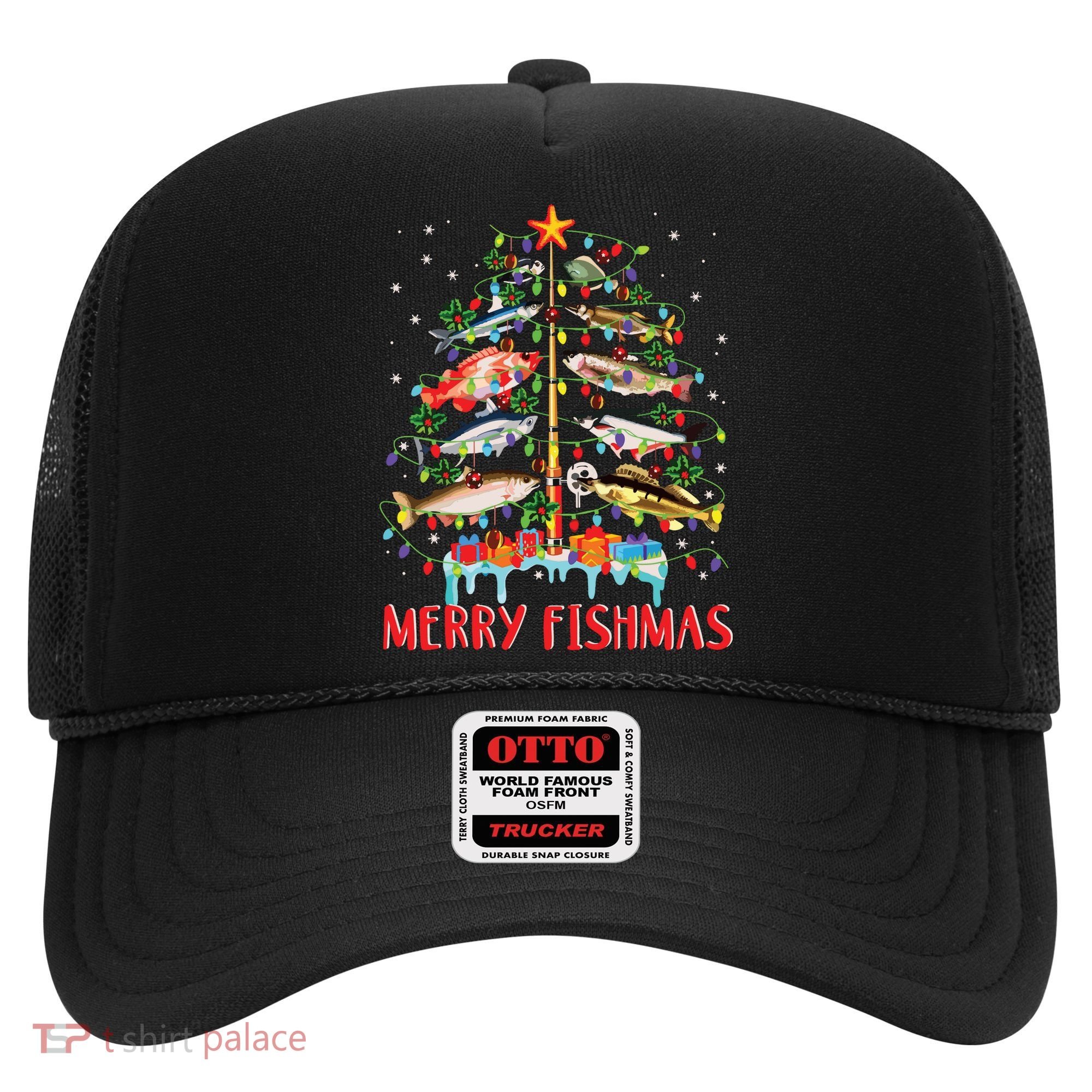Merry Fishmas Funny Christmas Tree Lights Fish Fishing Rod Hat