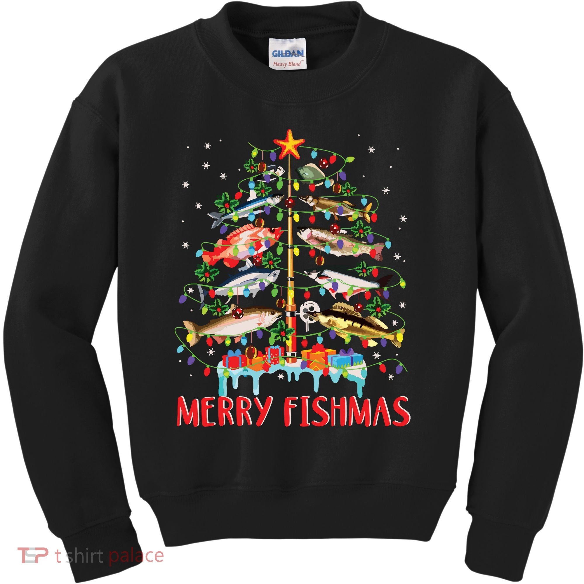 Merry Fishmas Funny Christmas Tree Lights Fish Fishing Rod Kids Sweatshirt