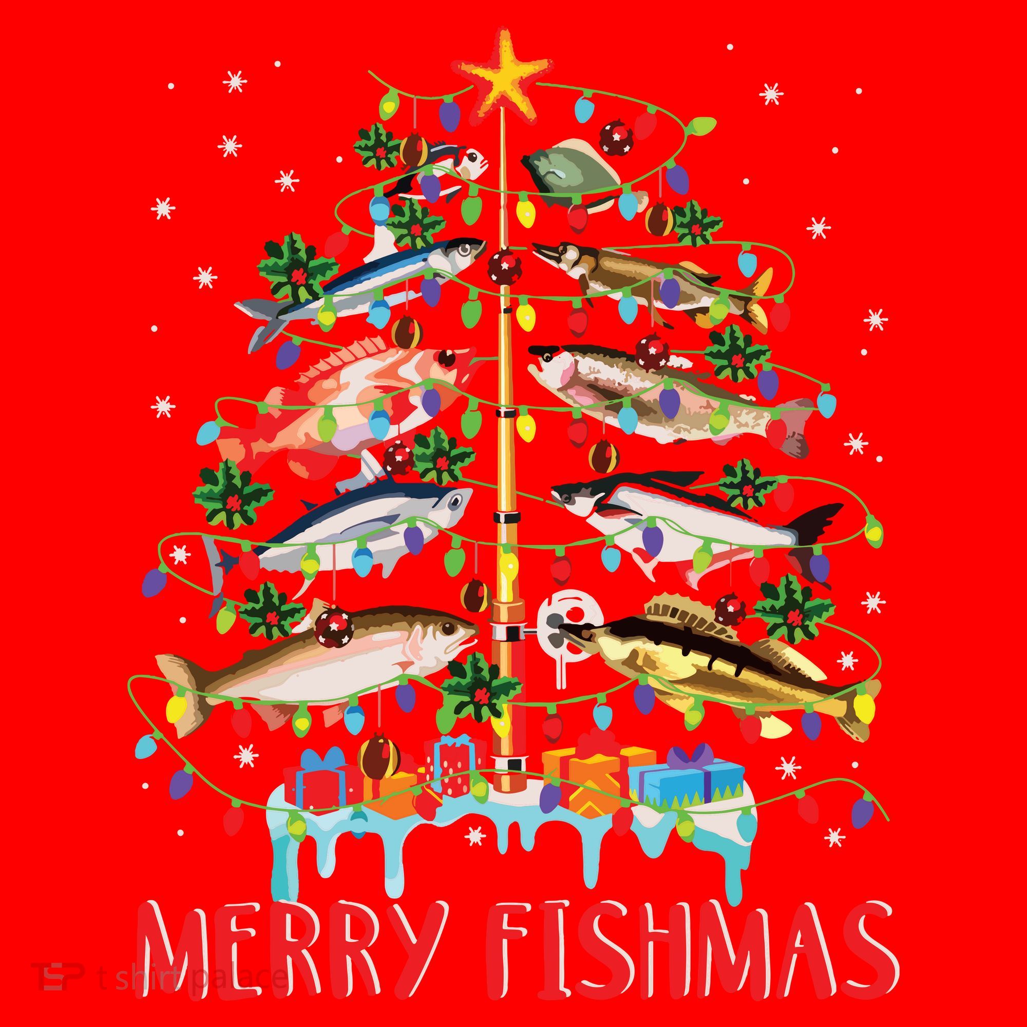 Merry Fishmas Funny Christmas Tree Lights Fish Fishing Rod Santa Hat