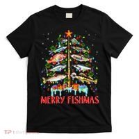 Merry Fishmas Funny Christmas Tree Lights Fish Fishing Rod T-Shirt thumb 0