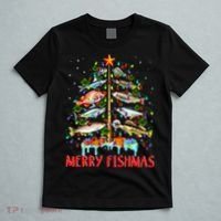 Merry Fishmas Funny Christmas Tree Lights Fish Fishing Rod T-Shirt thumb 5