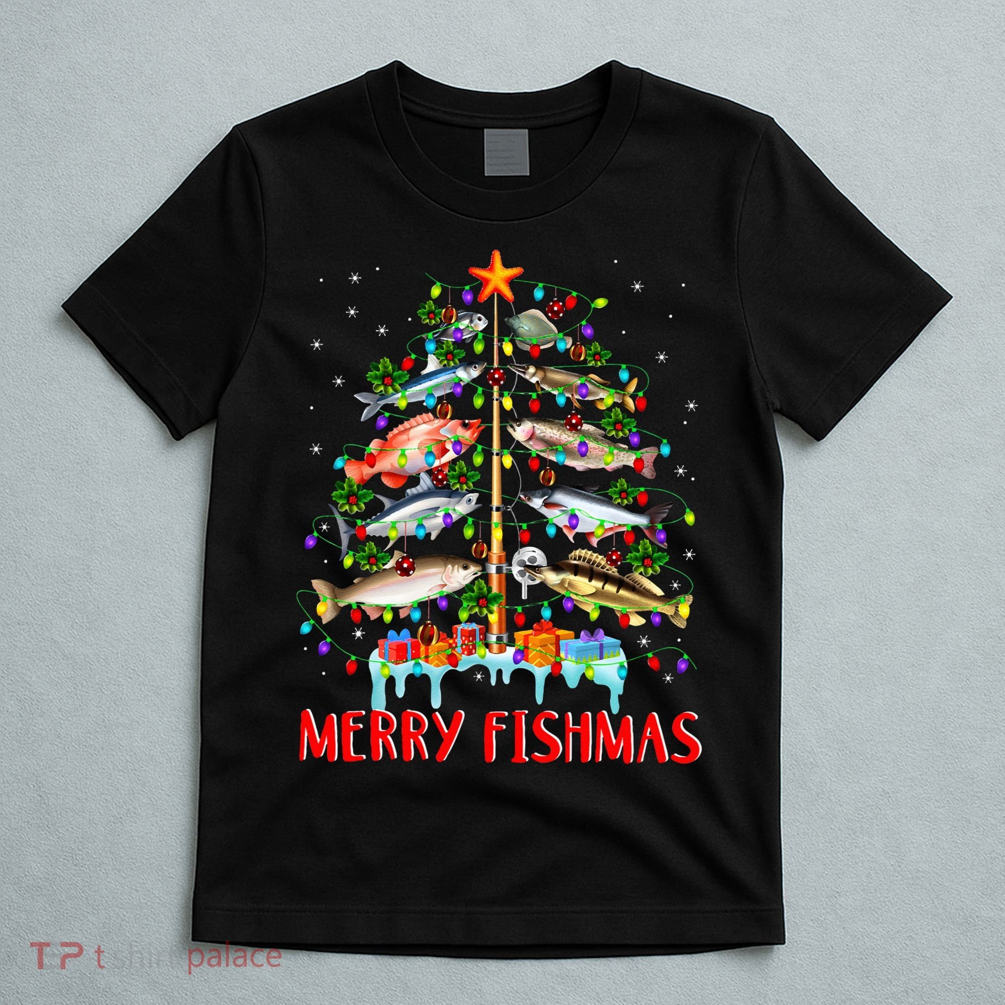 Merry Fishmas Funny Christmas Tree Lights Fish Fishing Rod T-Shirt