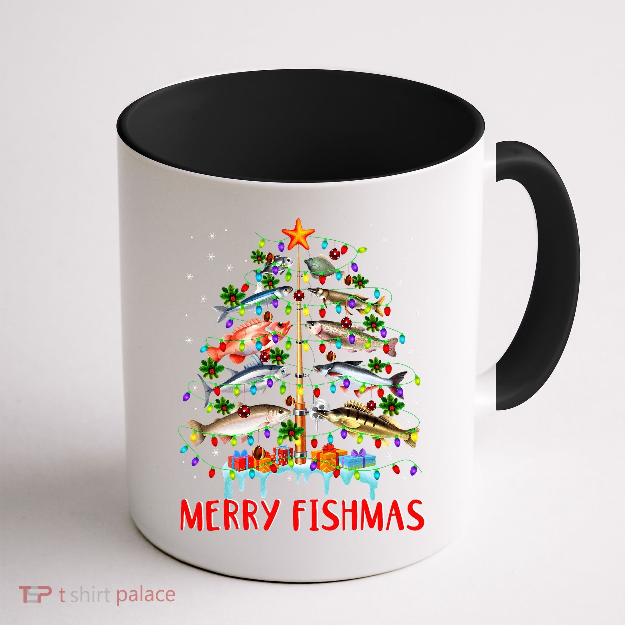 Merry Fishmas Funny Christmas Tree Lights Fish Fishing Rod Coffee Mug