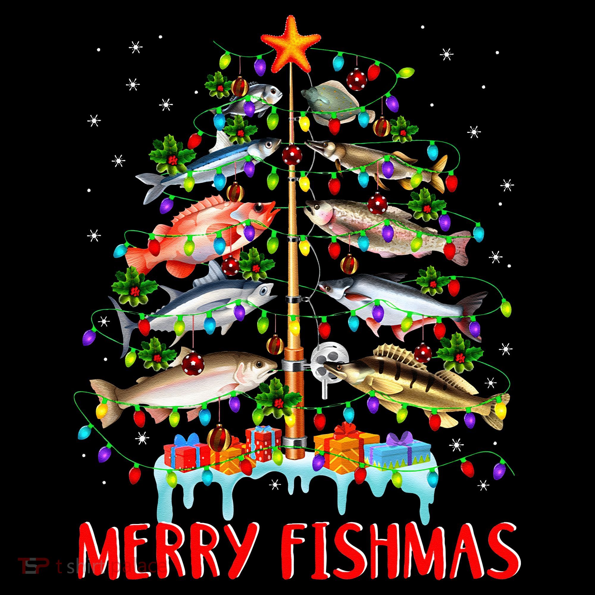 Merry Fishmas Funny Christmas Tree Lights Fish Fishing Rod Coffee Mug