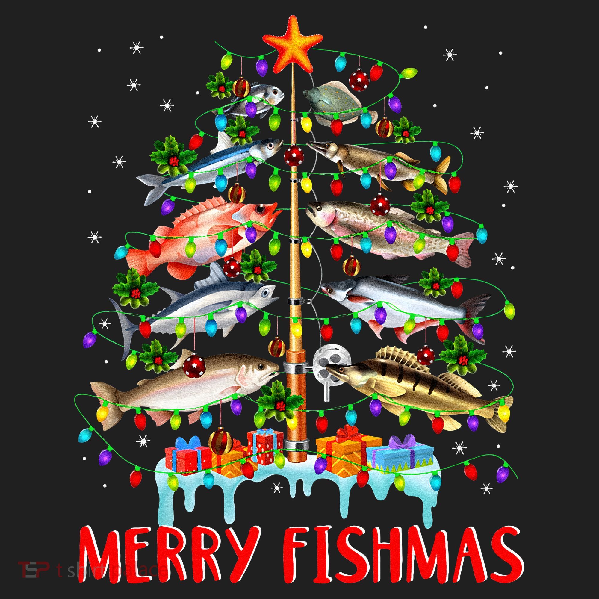 Merry Fishmas Funny Christmas Tree Lights Fish Fishing Rod Beanie