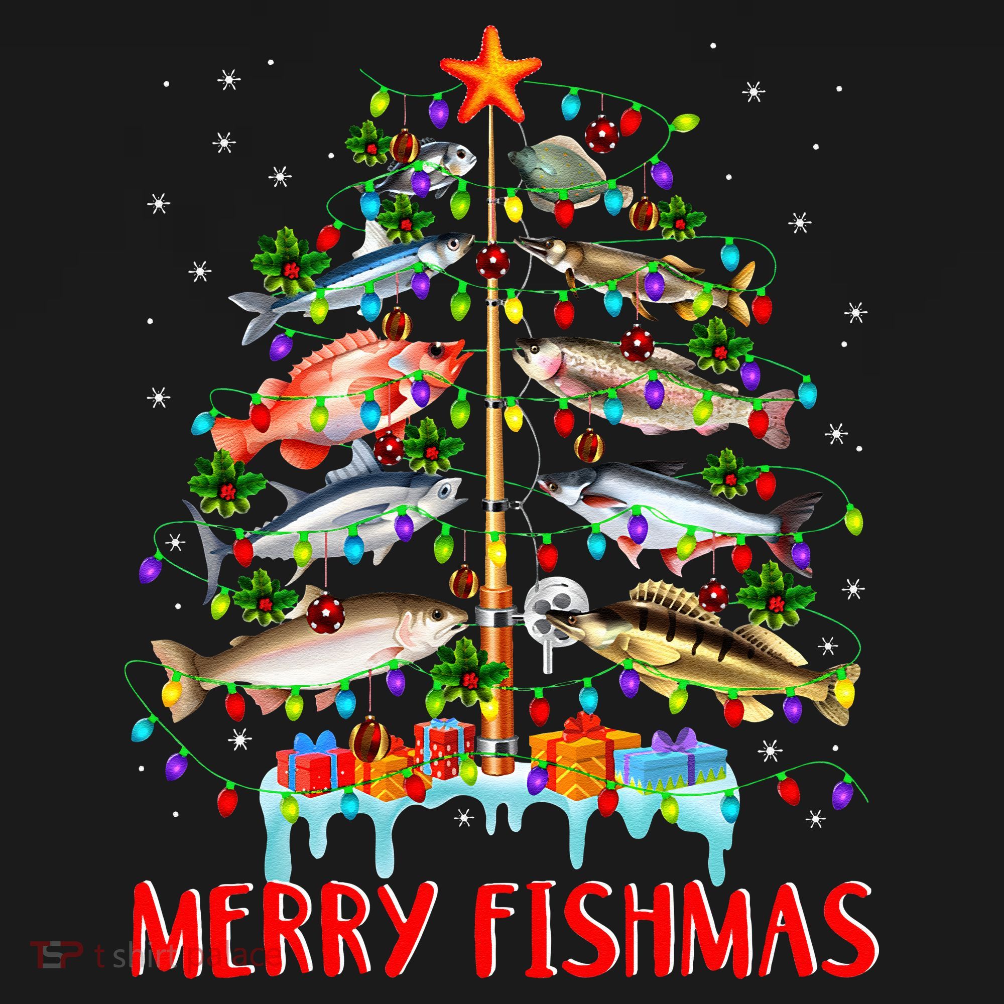 Merry Fishmas Funny Christmas Tree Lights Fish Fishing Rod Women's Hoodie
