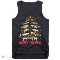 Merry Fishmas Funny Christmas Tree Lights Fish Fishing Rod Tank Top thumb 0