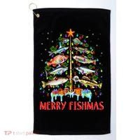 Merry Fishmas Funny Christmas Tree Lights Fish Fishing Rod Golf Towel thumb 0