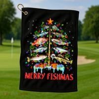 Merry Fishmas Funny Christmas Tree Lights Fish Fishing Rod Golf Towel thumb 1