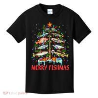 Merry Fishmas Funny Christmas Tree Lights Fish Fishing Rod Kids T-Shirt thumb 0