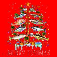 Merry Fishmas Funny Christmas Tree Lights Fish Fishing Rod Santa Hat thumb 1