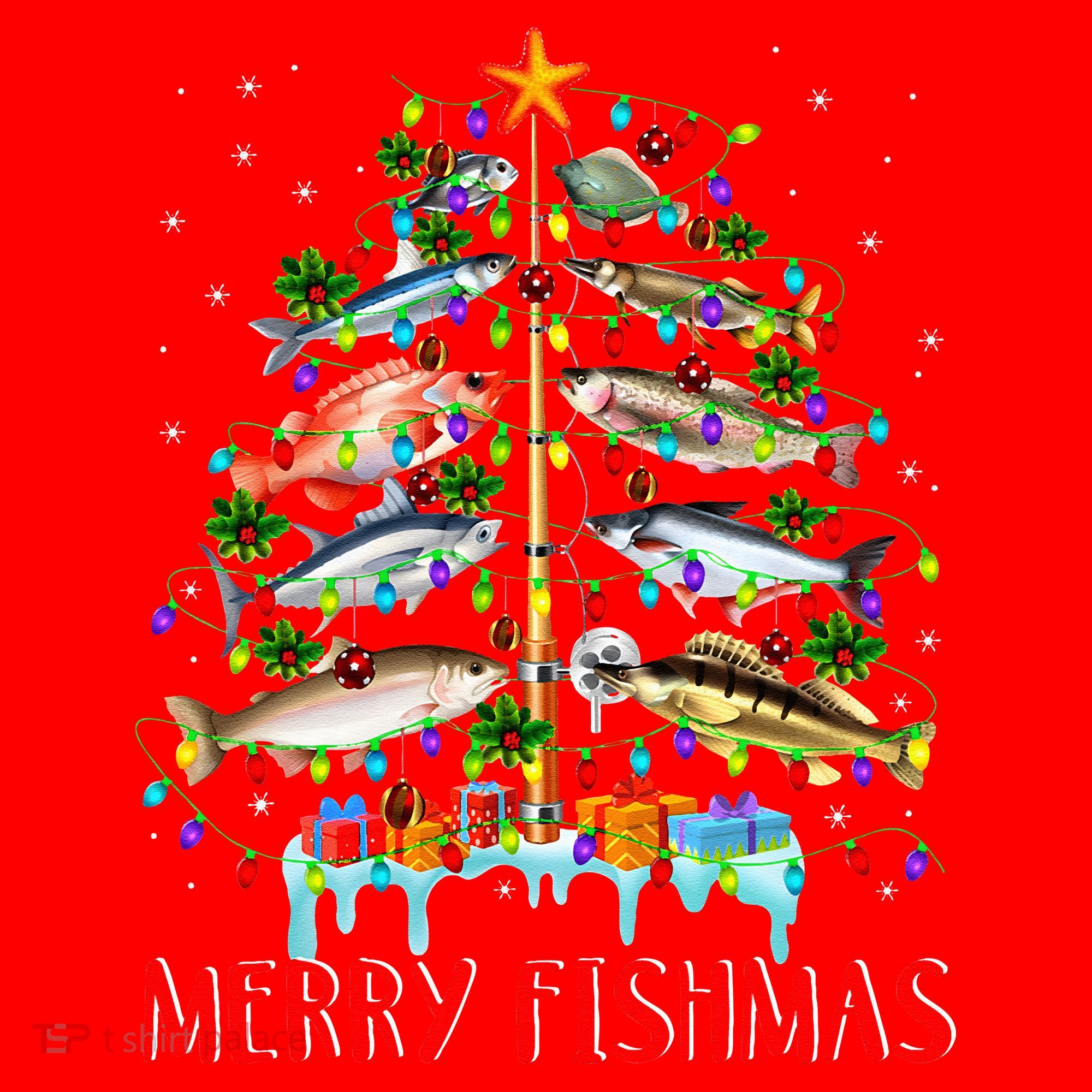 Merry Fishmas Funny Christmas Tree Lights Fish Fishing Rod Santa Hat