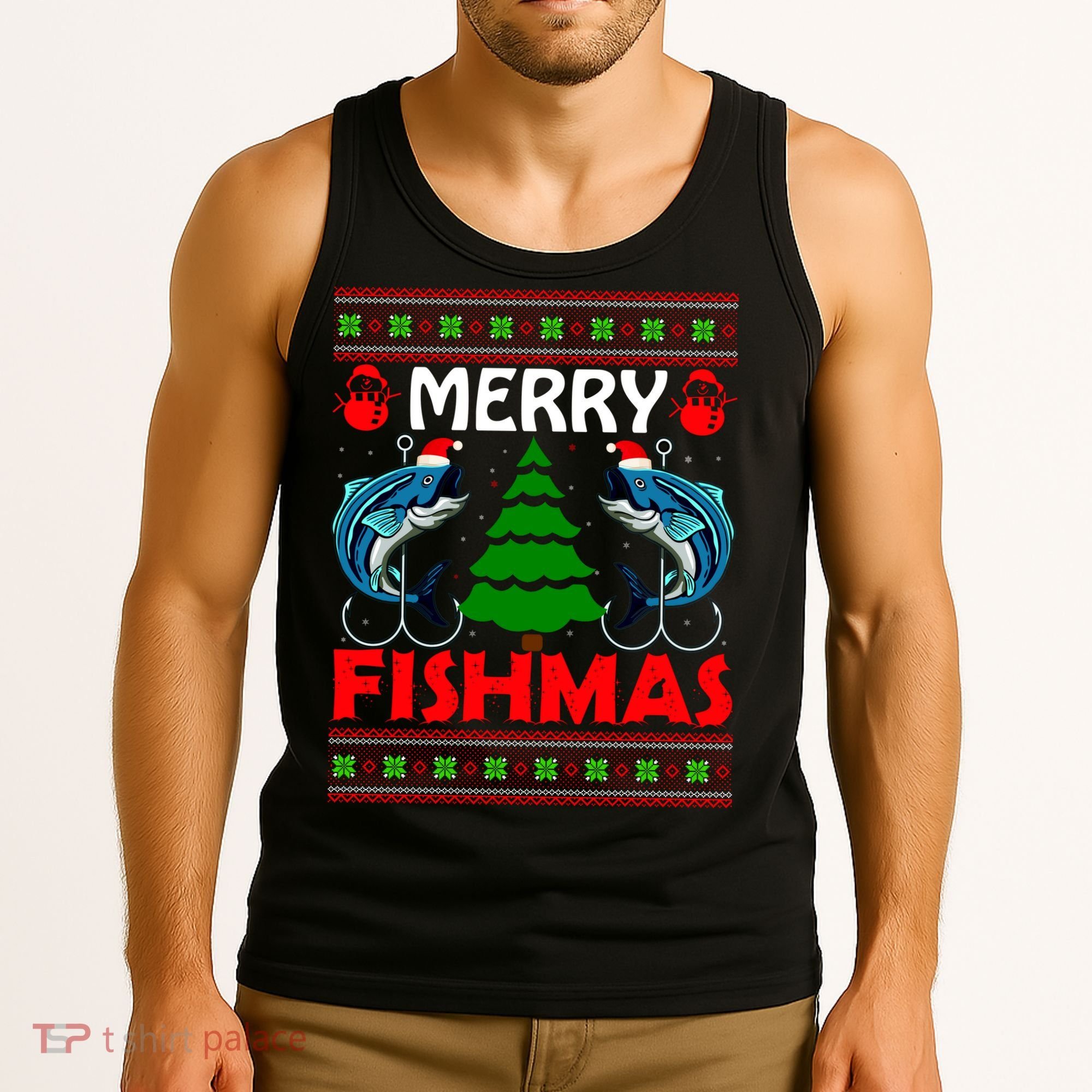 Merry Fishmas Funny Fish Fishing Ugly Christmas Tank Top
