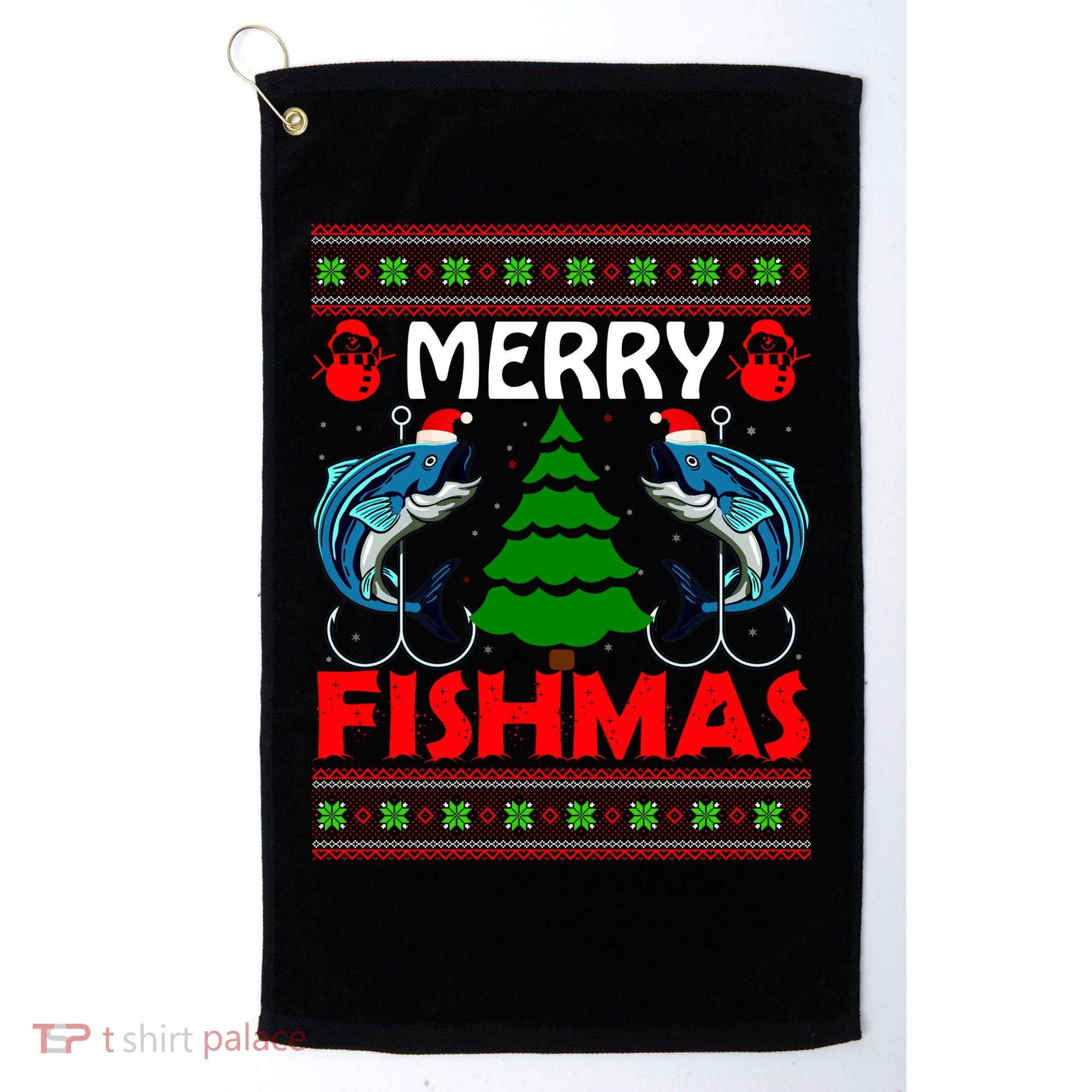 Merry Fishmas Funny Fish Fishing Ugly Christmas Golf Towel